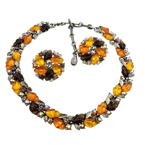 Beautiful Molded Acrylic Fall Tone Leaf Necklace and Earrings Set (A2281)